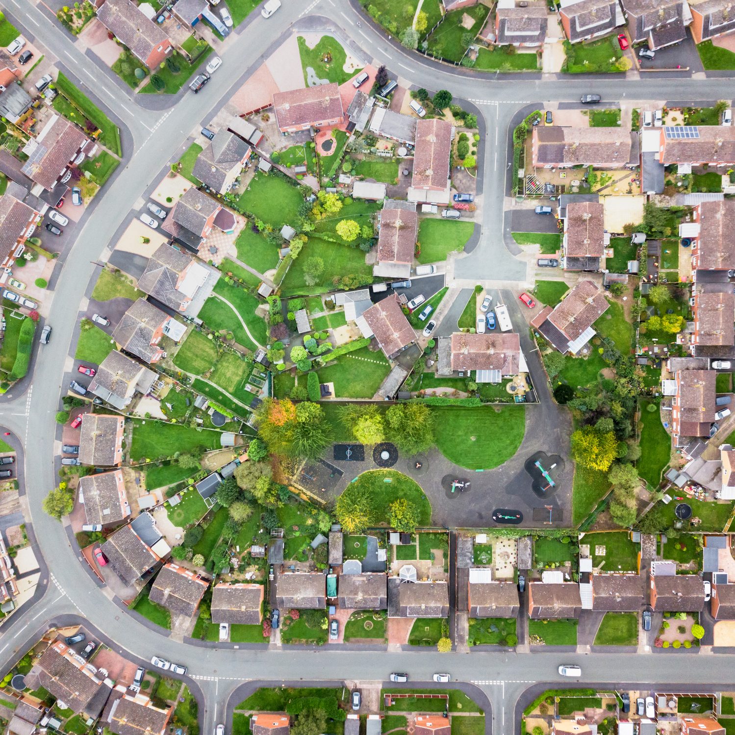 Looking straight down with a satellite image style, the houses look like a miniature village